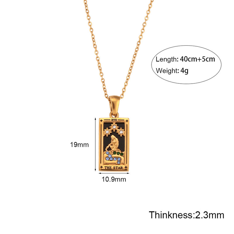 Diamond Set Pendant Stainless Steel Rectangular Oil Drip Tarot Necklace Jewelry - One7K