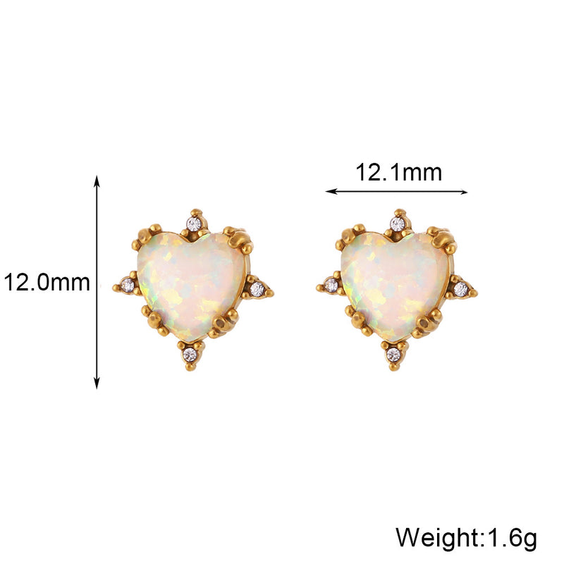 European And American Fashion Retro Popular Bracelet Ear Studs Stainless Steel Gold-plated Peach Heart Opal Necklace Tax & Shipping included