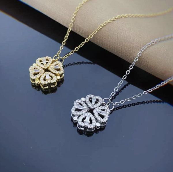 Retro Magnetic Folding Heart Shaped Four Leaf Clover Pendant Necklace Women Love Clavicle Chain Gifts Openable Choker Jewelry Tax & Shipping included